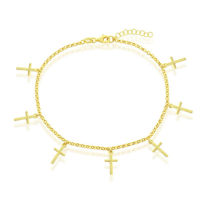 Sterling Silver Cross Charms Rolo Chain Anklet - Gold Plated