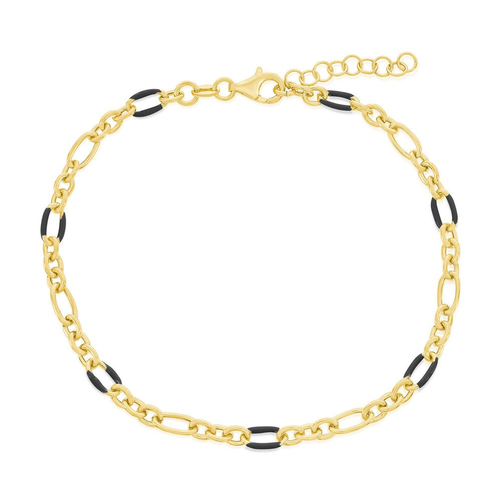 Sterling Silver Linked Black Enamel Anklet - Gold Plated