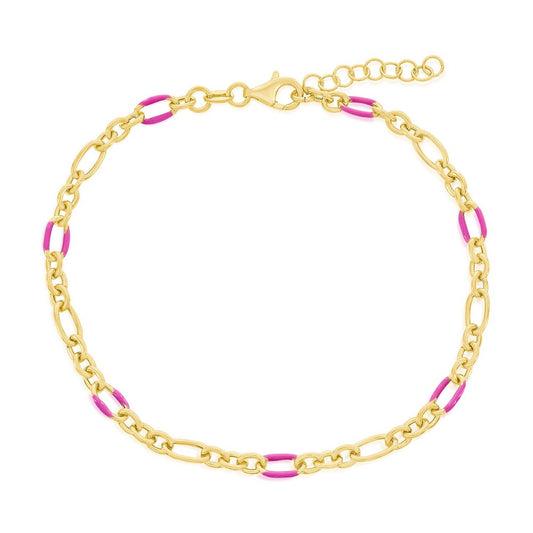 Sterling Silver Linked Rose Violet Enamel Anklet - Gold Plated