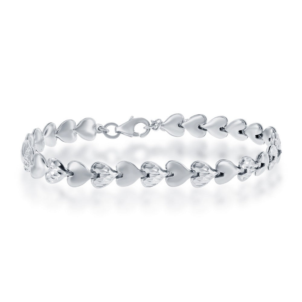 Sterling Silver Alternating Plain and D-C Small Puffed Hearts Bracelet