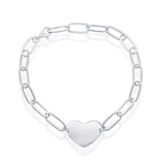 Sterling Silver Polished Heart Paperclip Bracelet