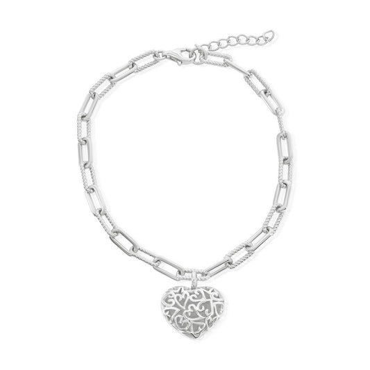 Sterling Silver Puffed Heart, Rope & Polished Paperclip Bracelet