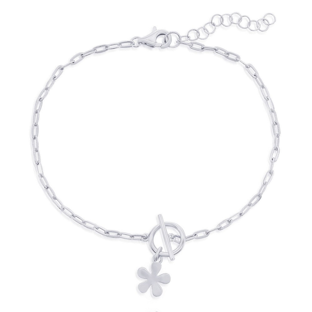 Sterling Silver Flower Charm Paperclip Toggle Bracelet