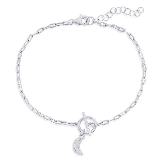 Sterling Silver Crescent Moon Charm Paperclip Toggle Bracelet