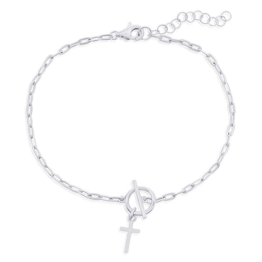 Sterling Silver Cross Charm Paperclip Toggle Bracelet