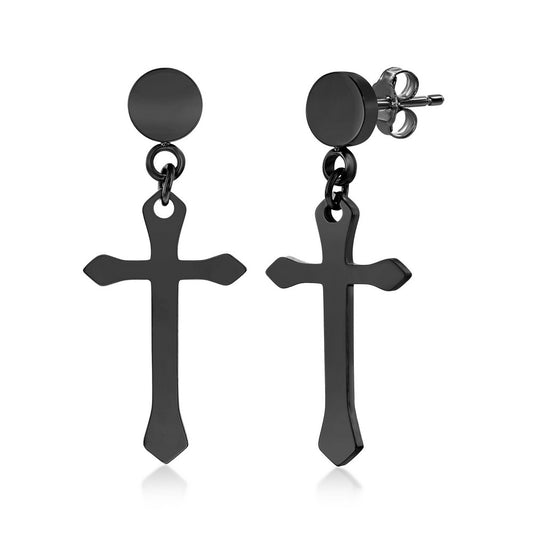 Stainless Steel Polished Cross Earrings - Black Plated