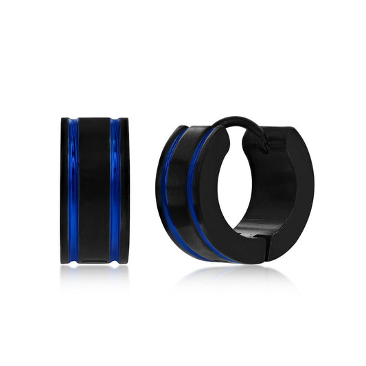 Stainless Steel 13mm Black & Blue Double Lined Hoop Earrings