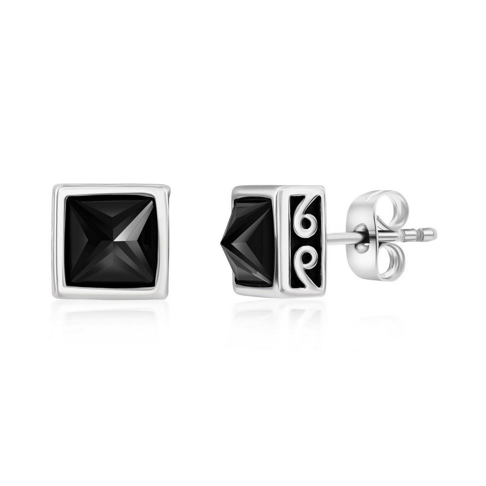 Stainless Steel Black CZ Greek Border Design Square Stud Earrings