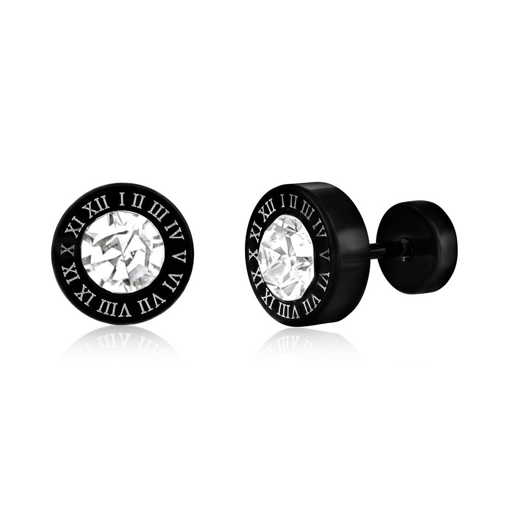 Stainless Steel CZ Stud Roman Numberals Earrings - Black Plated