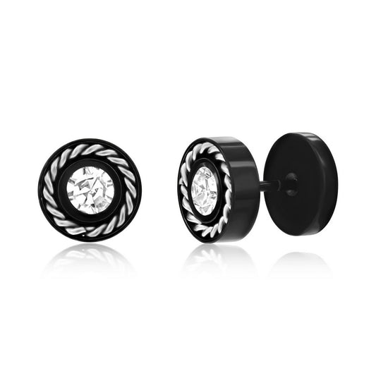 Stainless Steel Rope Design Border CZ Studs - Black Plated