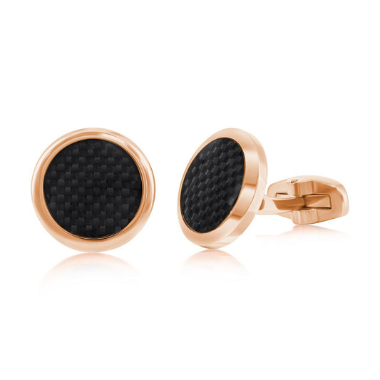 Stainless Steel Black Carbon Fiber Cuff Links - Rose Gold Plated