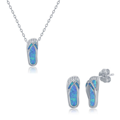 Sterling Silver Blue Inlay Opal Necklace and Earrings Set - Flip Flop