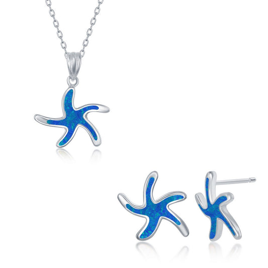 Sterling Silver Blue Inlay Opal Necklace and Earrings Set - Starfish