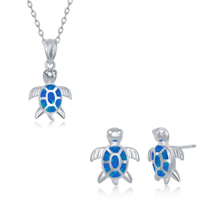 Sterling Silver Blue Inlay Opal Necklace and Earrings Set - Turtle