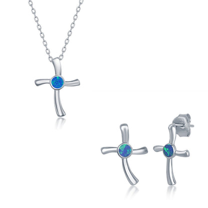 Sterling Silver Blue Inlay Opal Necklace and Earrings Set - Cross