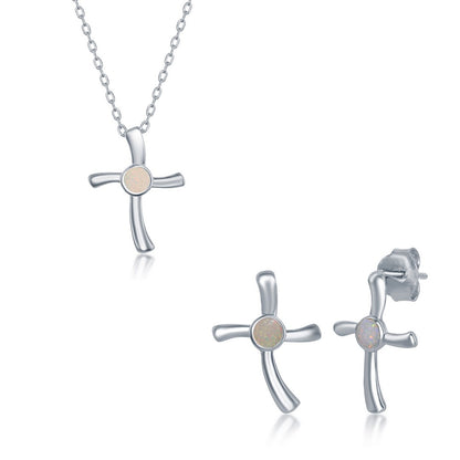 Sterling Silver White Inlay Opal Necklace and Earrings Set - Cross