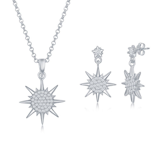 Sterling Silver CZ Sun Pendant & Earrings Set W/Chain