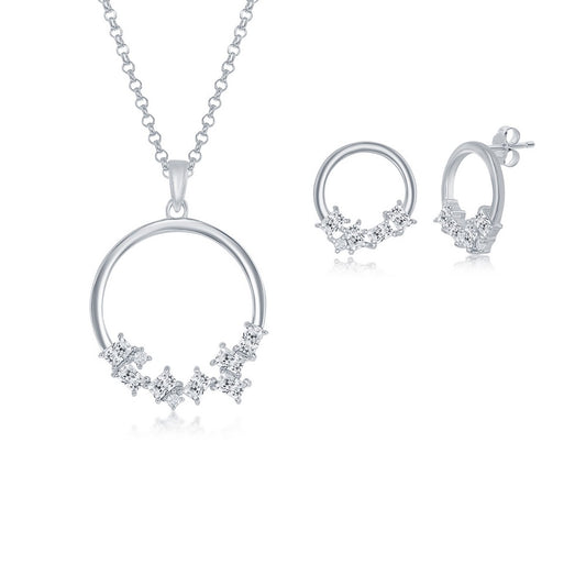 Sterling Silver Multi-Shaped CZ Open Circle Pendant & Earrings Set W/Chain