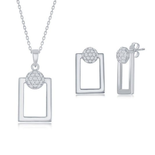 Sterling Silver Round Micro Pave CZ Open Rectangle Pendant & Earrings Set W/Chain