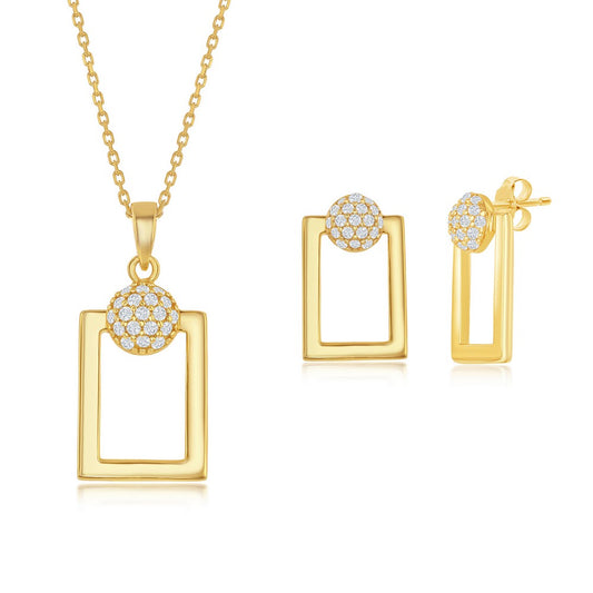 Sterling Silver Round Micro Pave CZ Open Rectangle Pendant & Earrings Set W/Chain - Gold Plated