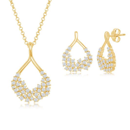 Sterling Silver CZ Open Pear-Shaped Pendant & Earrings Set W/Chain - Gold Plated