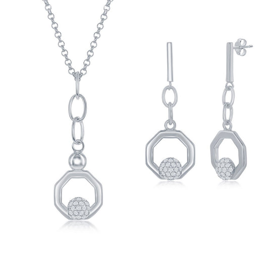 Sterling Silver Round Micro Pave CZ Open Hexagon Pendant & Earrings Set W/Chain