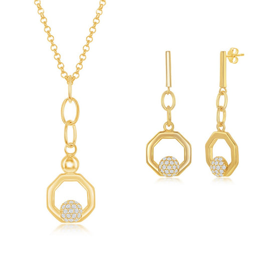 Sterling Silver Round Micro Pave CZ Open Hexagon Pendant & Earrings Set W/Chain - Gold Plated