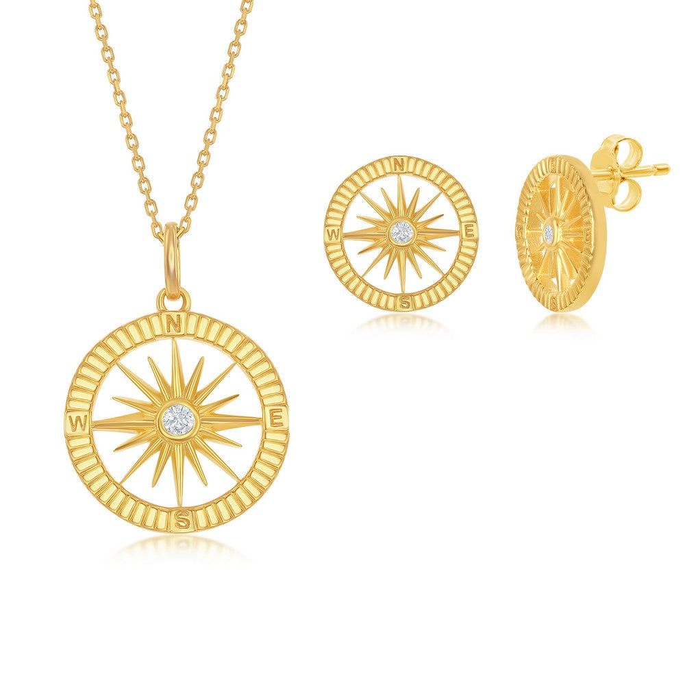 Sterling Silver Gold Plated CZ Compass Pendant & Earrings Set W/Chain