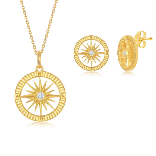 Sterling Silver Gold Plated CZ Compass Pendant & Earrings Set W/Chain