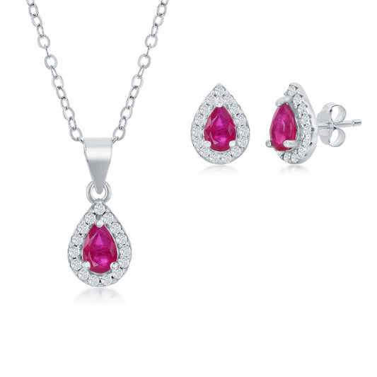 Sterling Silver 5x3mm Glass Filled Ruby Pear-Shaped Necklace & Earrings Set