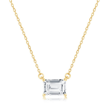 Sterling Silver, Solitaire 5x7mm Rectangle CZ, Necklace & Earrings Set - Gold Plated