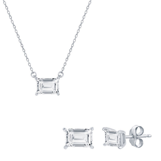 Sterling Silver, Solitaire 5x7mm Rectangle CZ, Necklace & Earrings Set