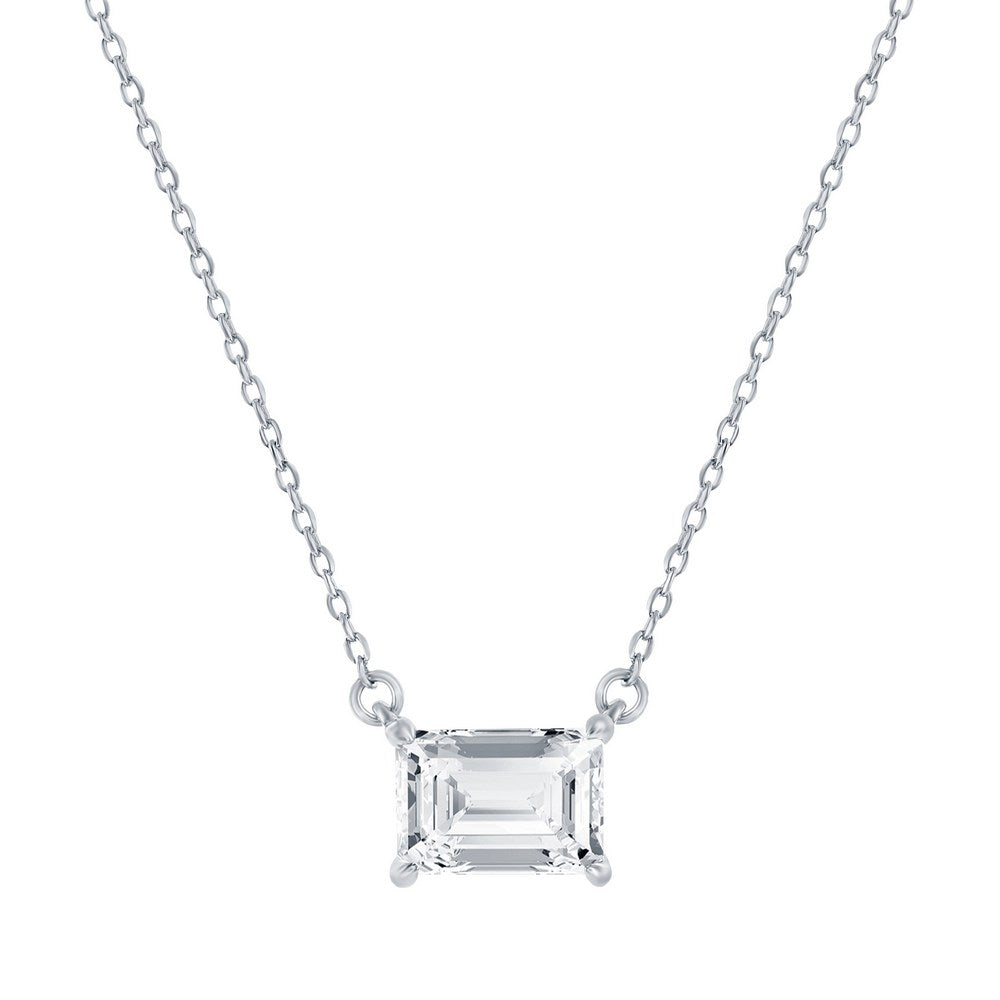 Sterling Silver, Solitaire 5x7mm Rectangle CZ, Necklace & Earrings Set