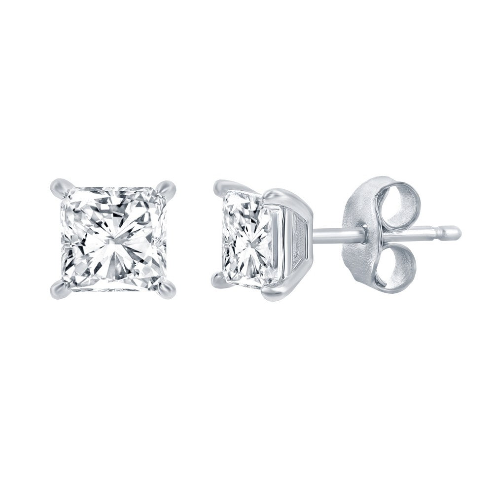Sterling Silver, Solitaire 6mm Princess-Cut CZ, Necklace & Earrings Set