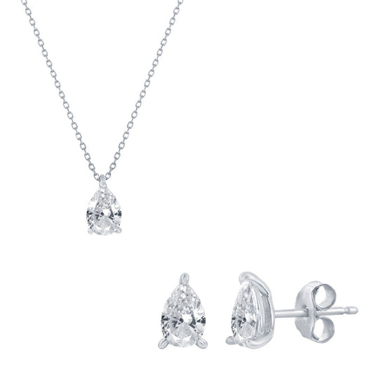 Sterling Silver, Solitaire Pear-Shaped CZ, 5x6mm Necklace & 4x5mm Earrings Set