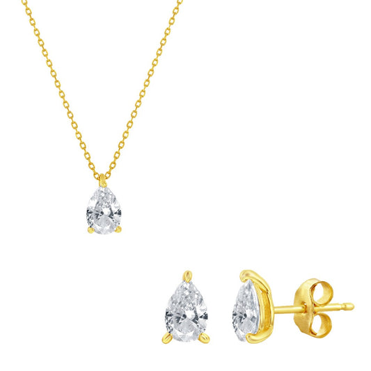 Sterling Silver, Solitaire Pear-Shaped CZ, 5x6mm Necklace & 4x5mm Earrings Set - Gold Plated