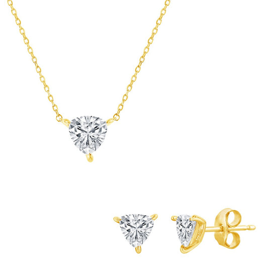 Sterling Silver, Solitaire Trillion CZ, 6mm Necklace & 5mm Earrings Set - Gold Plated