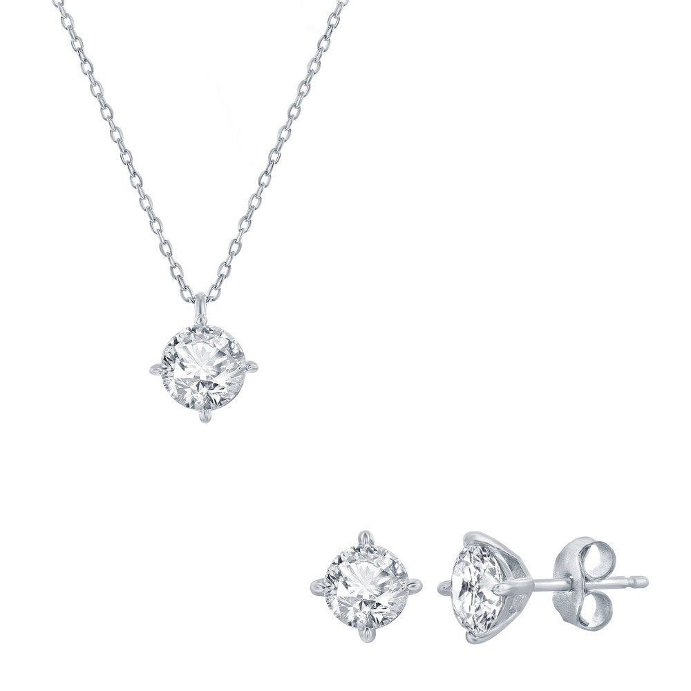 Sterling Silver, 5mm Round CZ, Solitaire Necklace & Earrings Set