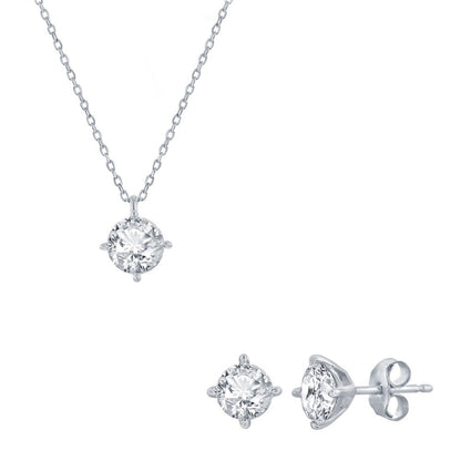 Sterling Silver, 5mm Round CZ, Solitaire Necklace & Earrings Set