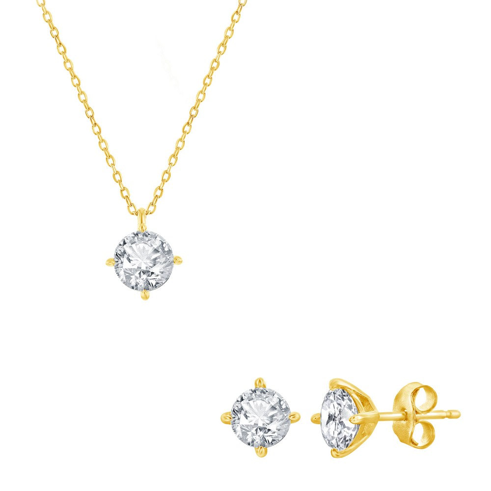 Sterling Silver, 5mm Round CZ, Solitaire Necklace & Earrings Set - Gold Plated