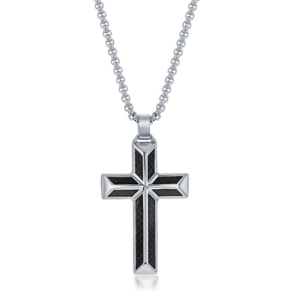 Stainless Steel Black Carbon Fiber Cross Necklace