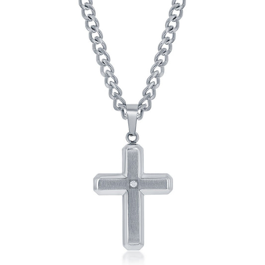 Stainess Steel Brushed & Polished w/ Single CZ Cross Necklace