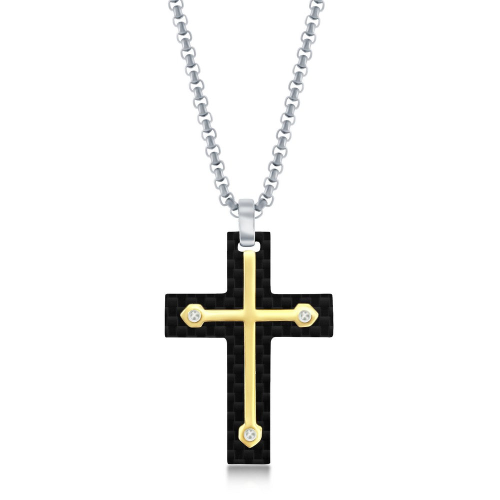 Stainless Steel Black Carbon Fiber & Gold Cross Necklace