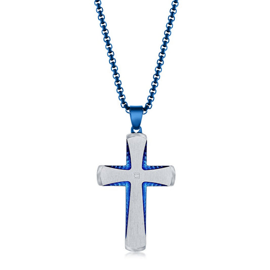 Stainless Steel Silver & Blue Plated Single CZ Cross Necklace