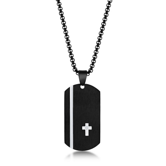 Stainless Steel Black Silver Cross Single CZ Dog Tag Necklace