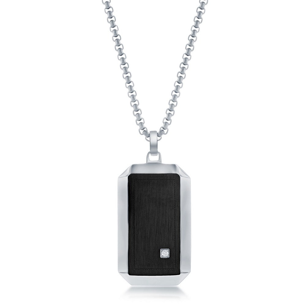 Stainless Steel Black & Silver Single CZ Dog Tag Necklace