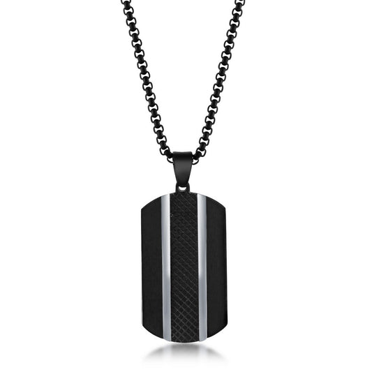 Stainless Steel Black Plated Silver Lined Dog Tag Necklace