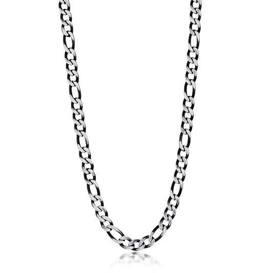 Stainless Steel 7mm Figaro Chain Necklace - Brushed & Black IP Plated