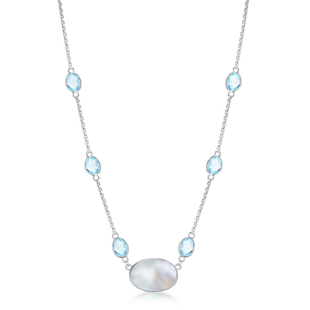 Sterling Silver oval Mother of Pearl & Round Blue Topaz by the Yard Necklace