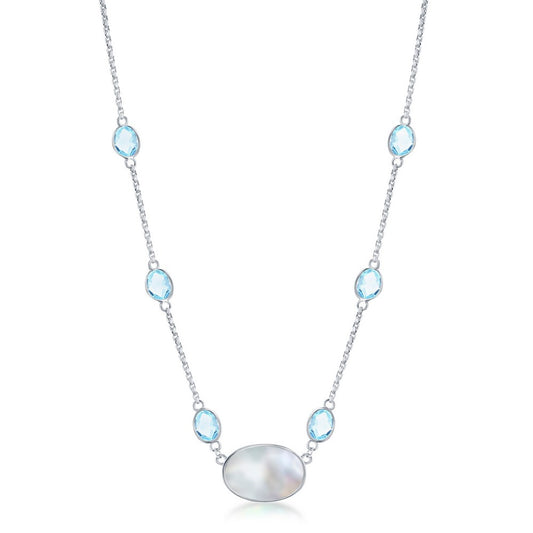 Sterling Silver oval Mother of Pearl & Round Blue Topaz by the Yard Necklace